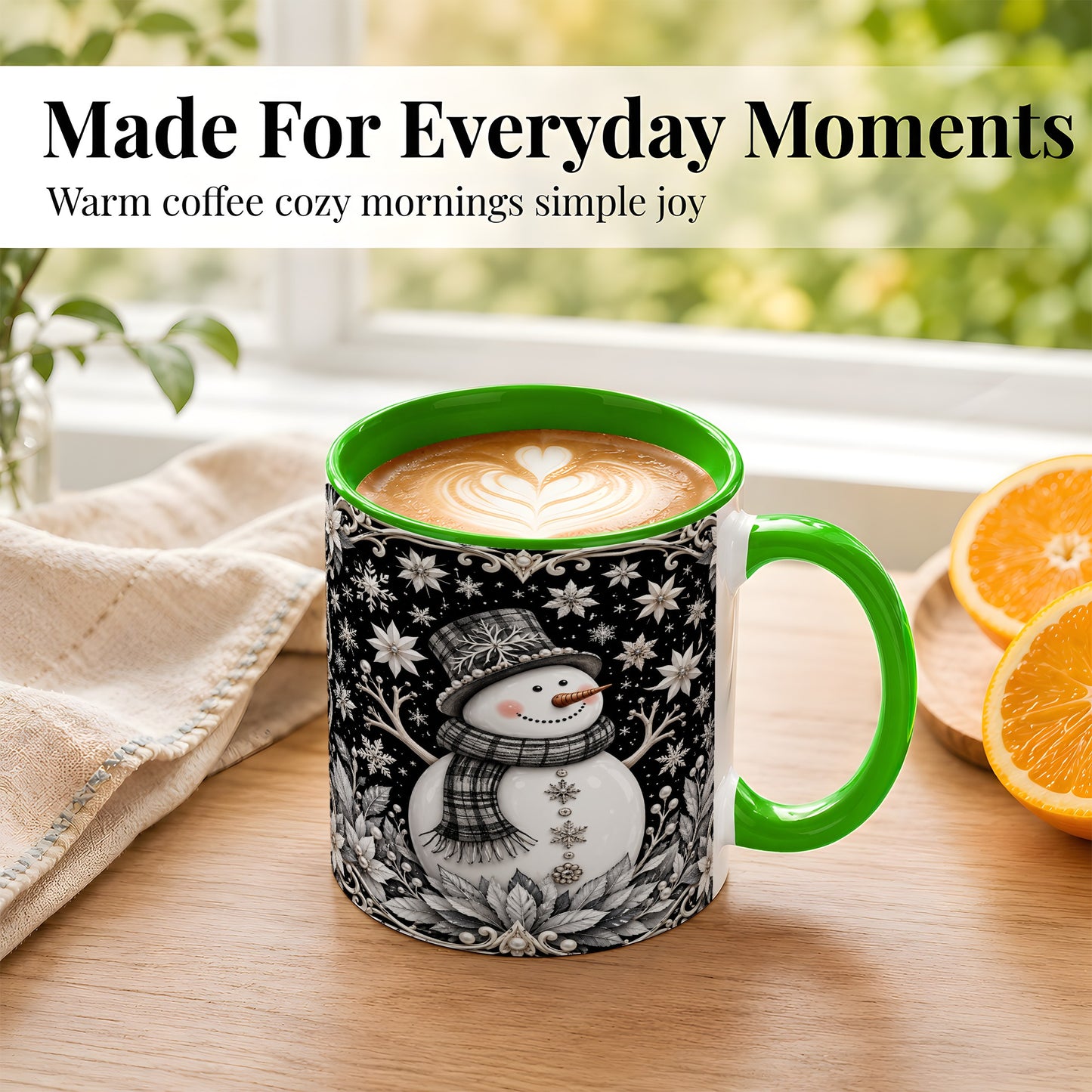 #pl[11oz|Green] Pearl Snowman Coffee Mug, Poinsettia Winter Mug, Ceramic Cup