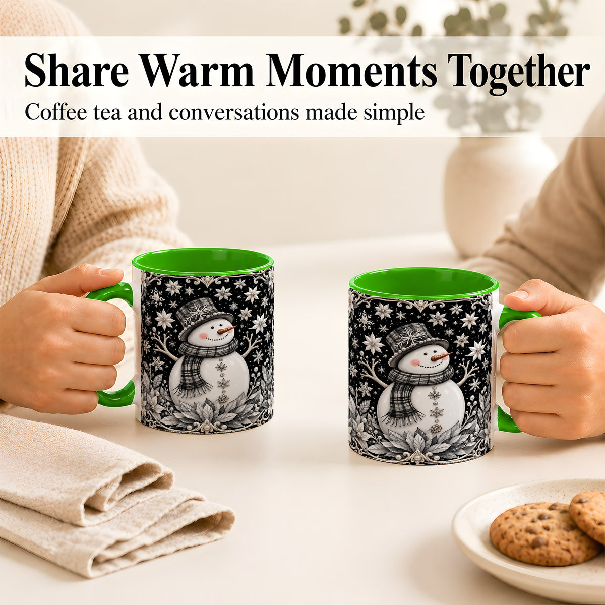 #pl[11oz|Green] Pearl Snowman Coffee Mug, Poinsettia Winter Mug, Ceramic Cup
