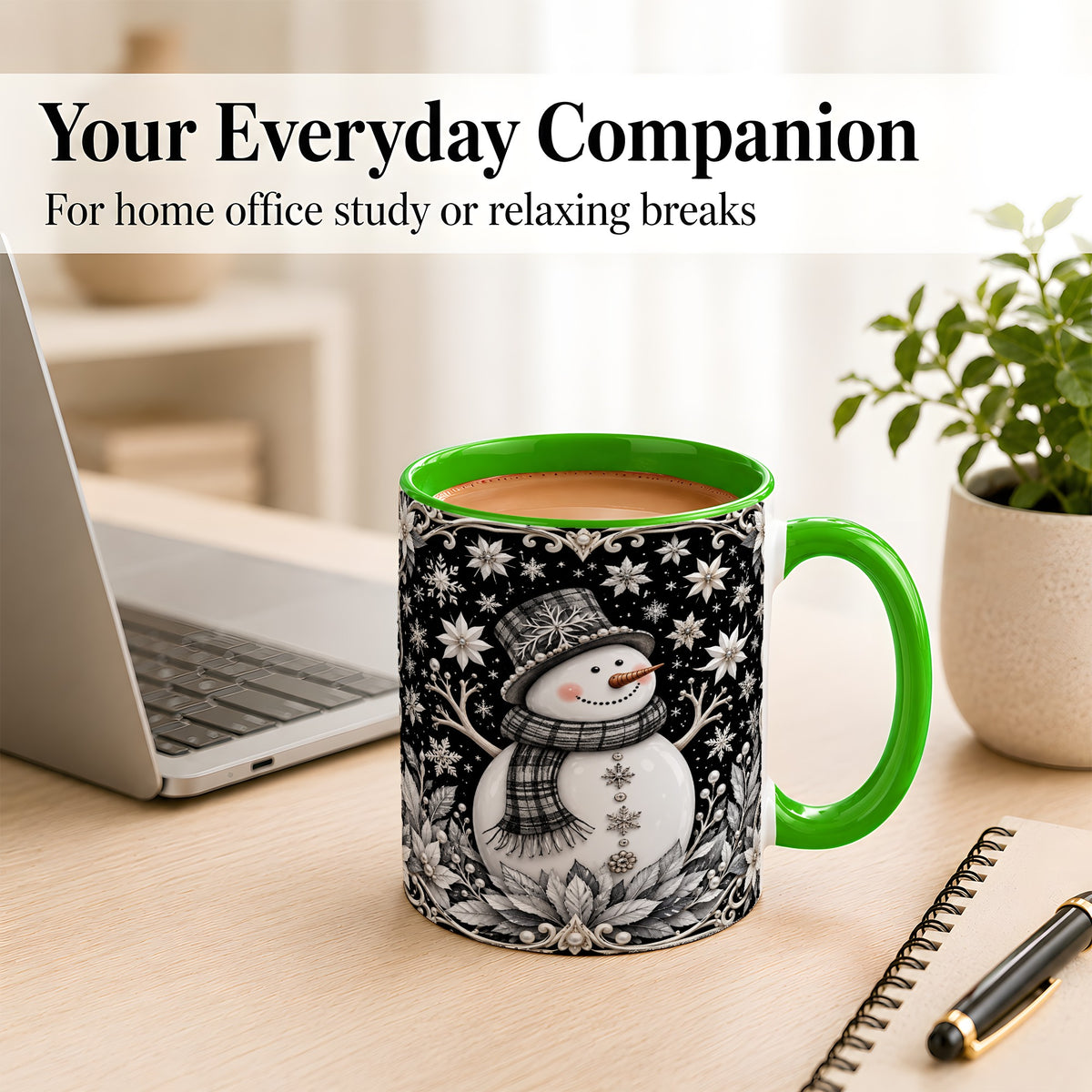 #pl[11oz|Green] Pearl Snowman Coffee Mug, Poinsettia Winter Mug, Ceramic Cup