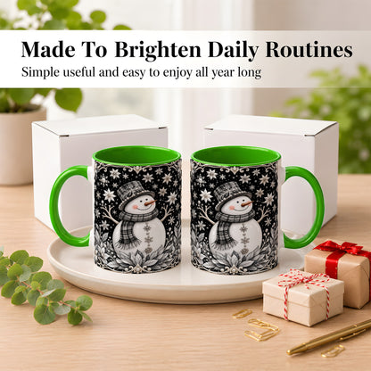 #pl[11oz|Green] Pearl Snowman Coffee Mug, Poinsettia Winter Mug, Ceramic Cup