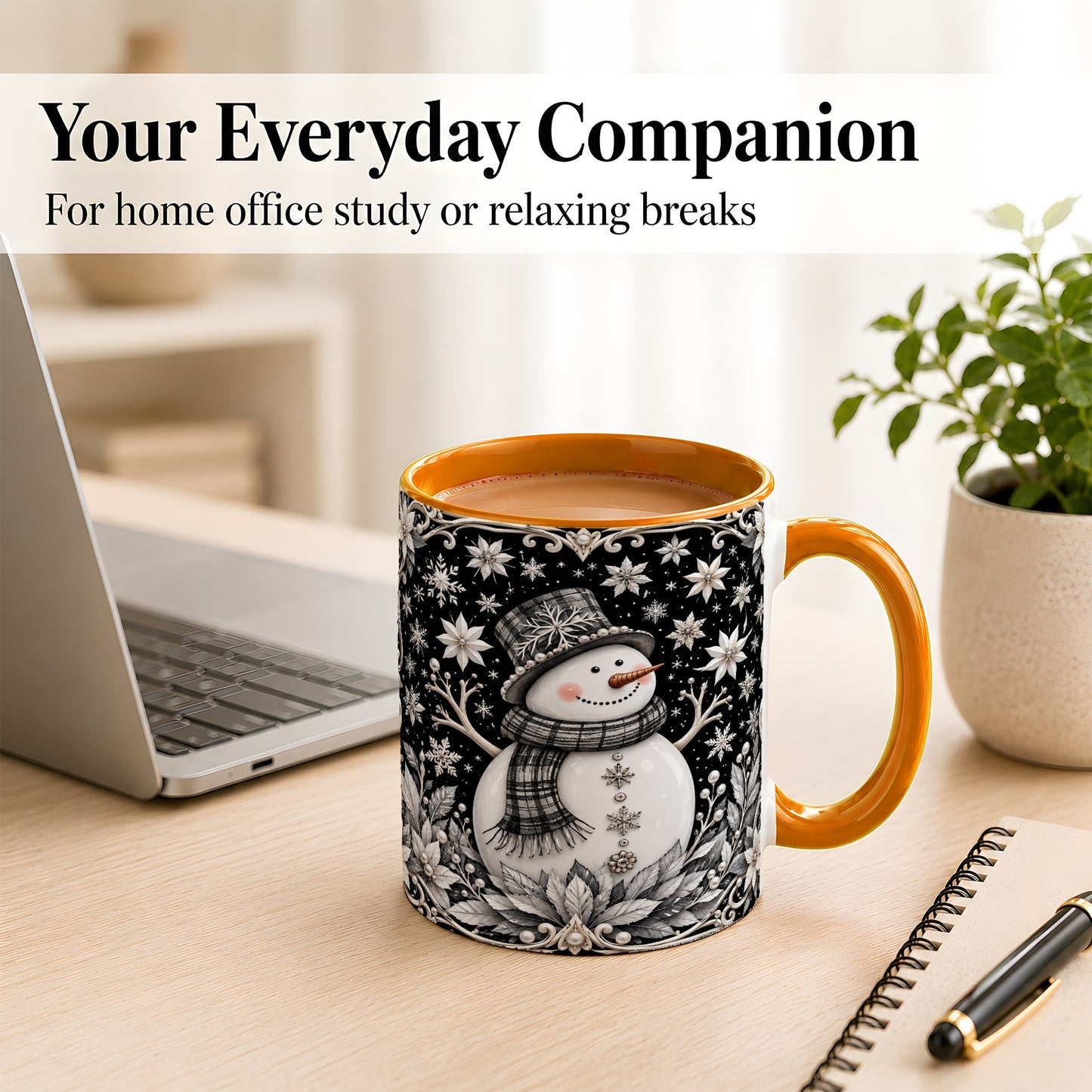 #pl[11oz|Orange] Pearl Snowman Coffee Mug, Poinsettia Winter Mug, Ceramic Cup