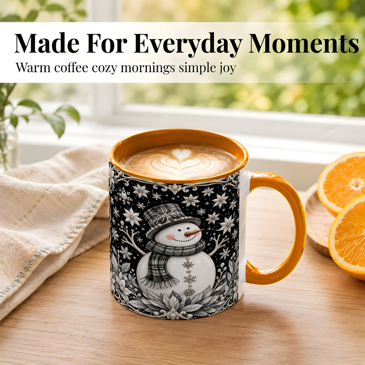 #pl[11oz|Orange] Pearl Snowman Coffee Mug, Poinsettia Winter Mug, Ceramic Cup