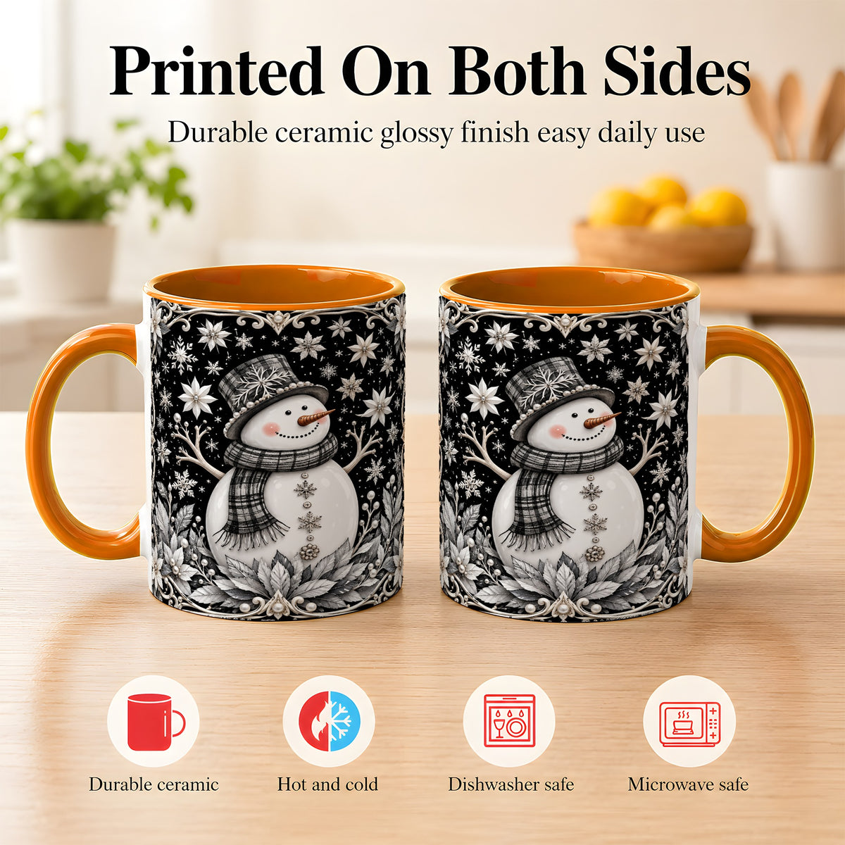 #pl[11oz|Orange] Pearl Snowman Coffee Mug, Poinsettia Winter Mug, Ceramic Cup
