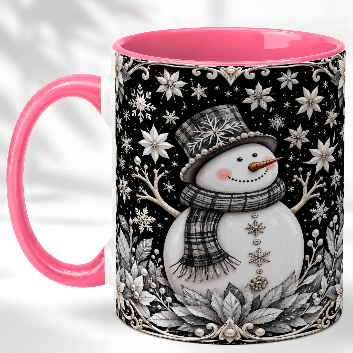 #pl[11oz|Pink] Pearl Snowman Coffee Mug, Poinsettia Winter Mug, Ceramic Cup