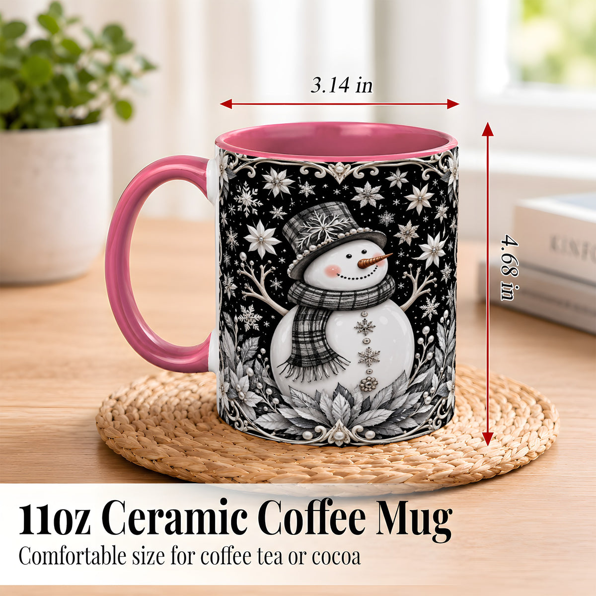 #pl[11oz|Pink] Pearl Snowman Coffee Mug, Poinsettia Winter Mug, Ceramic Cup