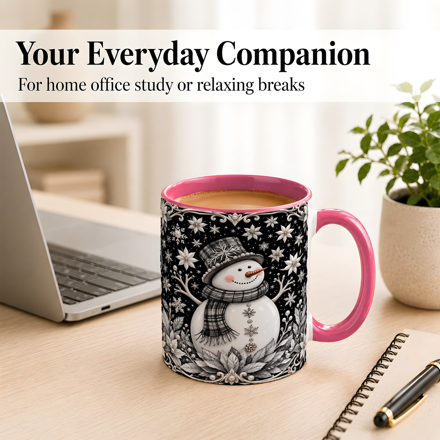 #pl[11oz|Pink] Pearl Snowman Coffee Mug, Poinsettia Winter Mug, Ceramic Cup