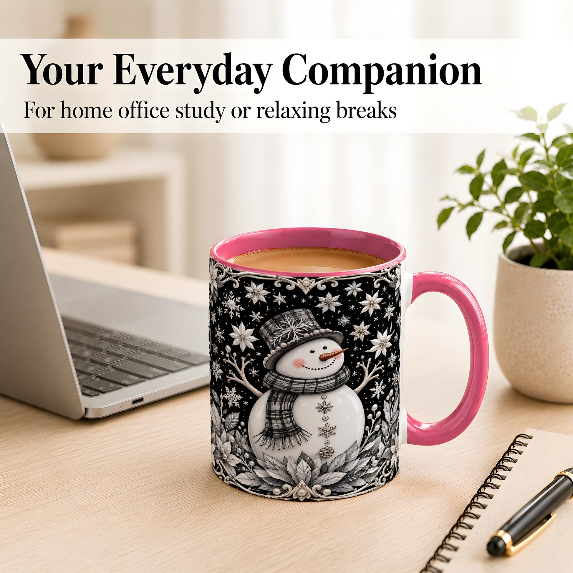 #pl[11oz|Pink] Pearl Snowman Coffee Mug, Poinsettia Winter Mug, Ceramic Cup