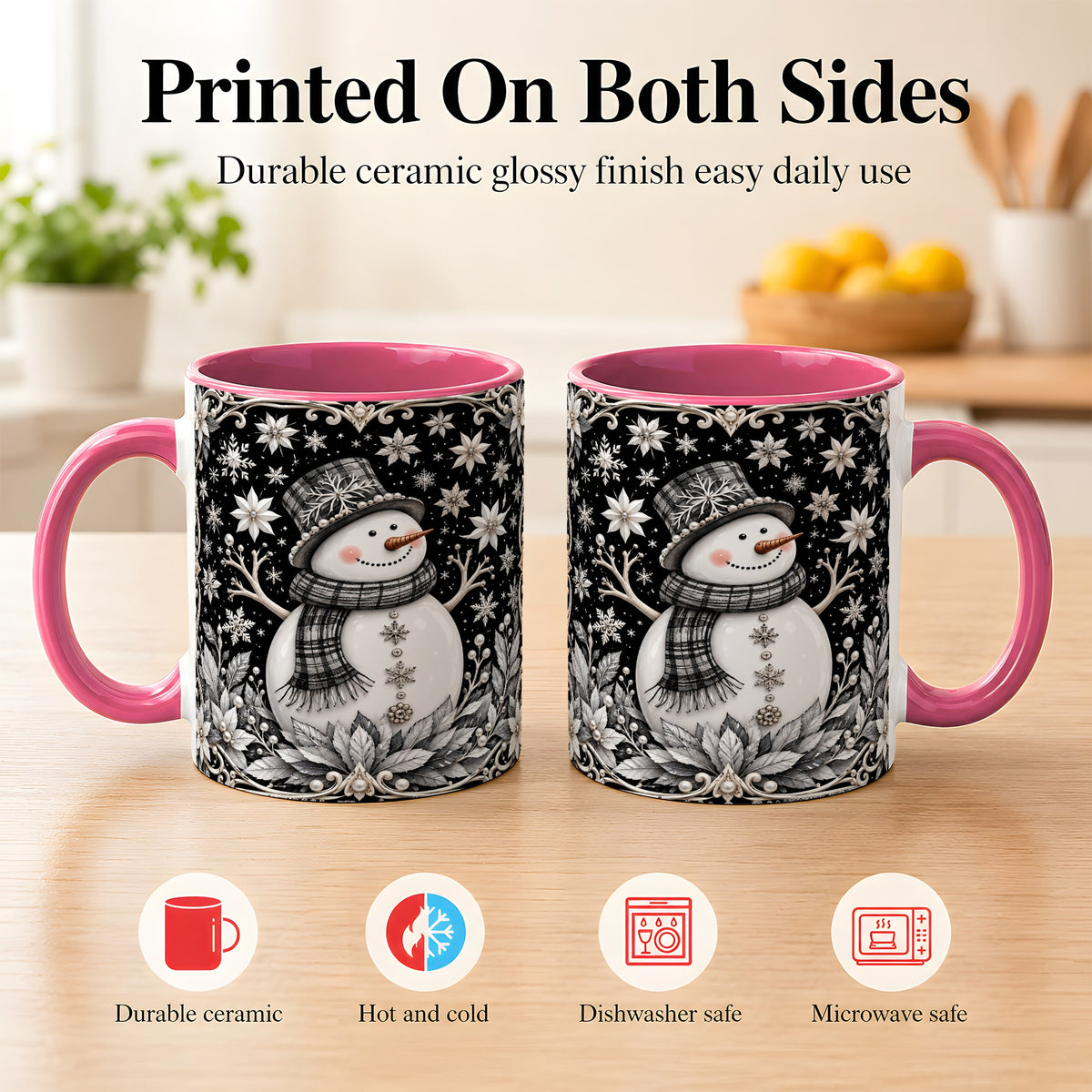 #pl[11oz|Pink] Pearl Snowman Coffee Mug, Poinsettia Winter Mug, Ceramic Cup