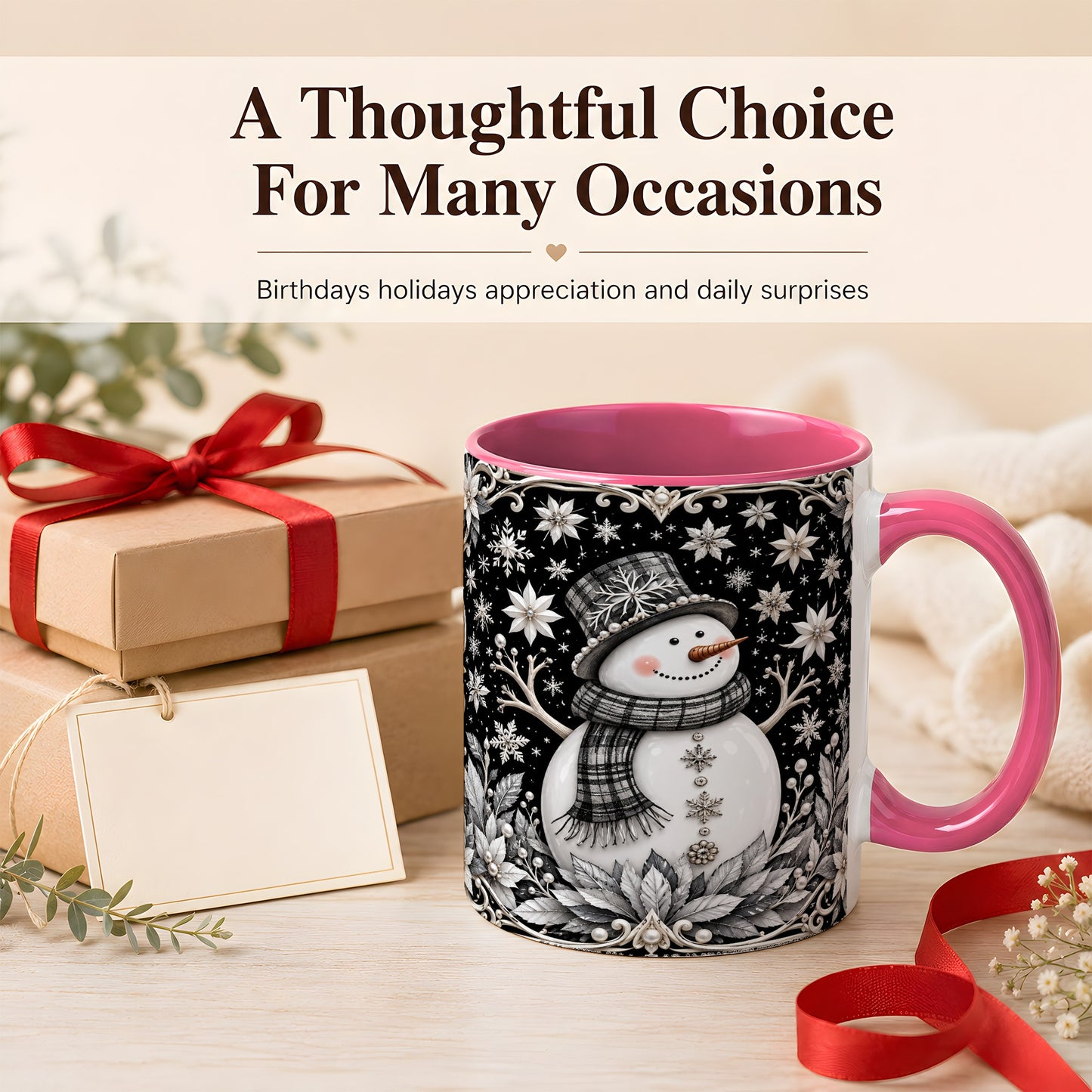 #pl[11oz|Pink] Pearl Snowman Coffee Mug, Poinsettia Winter Mug, Ceramic Cup