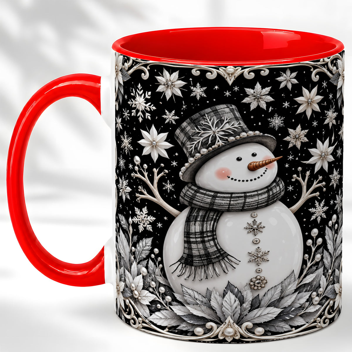 Pearl Snowman Coffee Mug, Poinsettia Winter Mug, Ceramic Cup