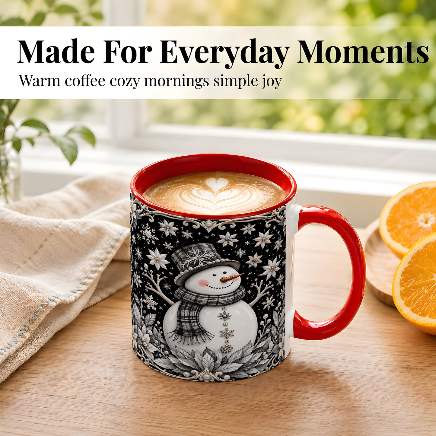 #pl[11oz|Red] Pearl Snowman Coffee Mug, Poinsettia Winter Mug, Ceramic Cup