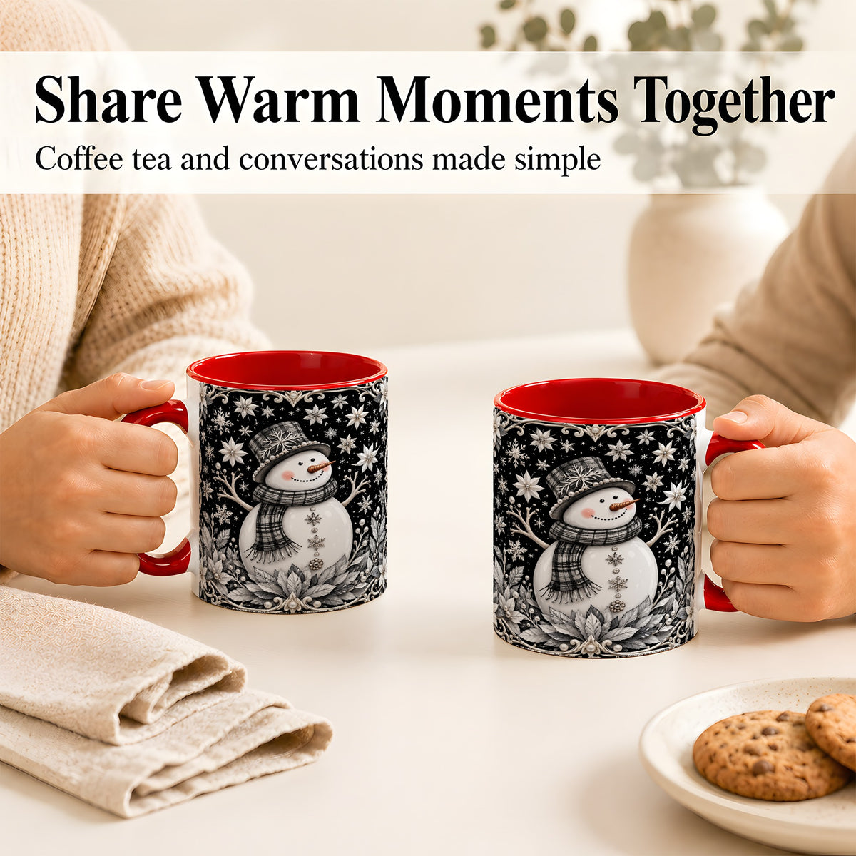 #pl[11oz|Red] Pearl Snowman Coffee Mug, Poinsettia Winter Mug, Ceramic Cup