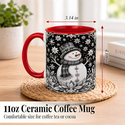 #pl[11oz|Red] Pearl Snowman Coffee Mug, Poinsettia Winter Mug, Ceramic Cup
