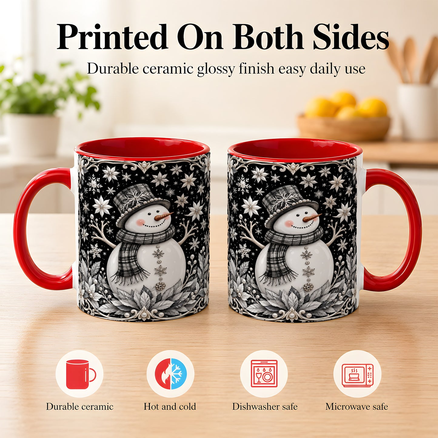 #pl[11oz|Red] Pearl Snowman Coffee Mug, Poinsettia Winter Mug, Ceramic Cup
