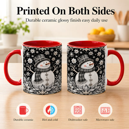 #pl[11oz|Red] Pearl Snowman Coffee Mug, Poinsettia Winter Mug, Ceramic Cup