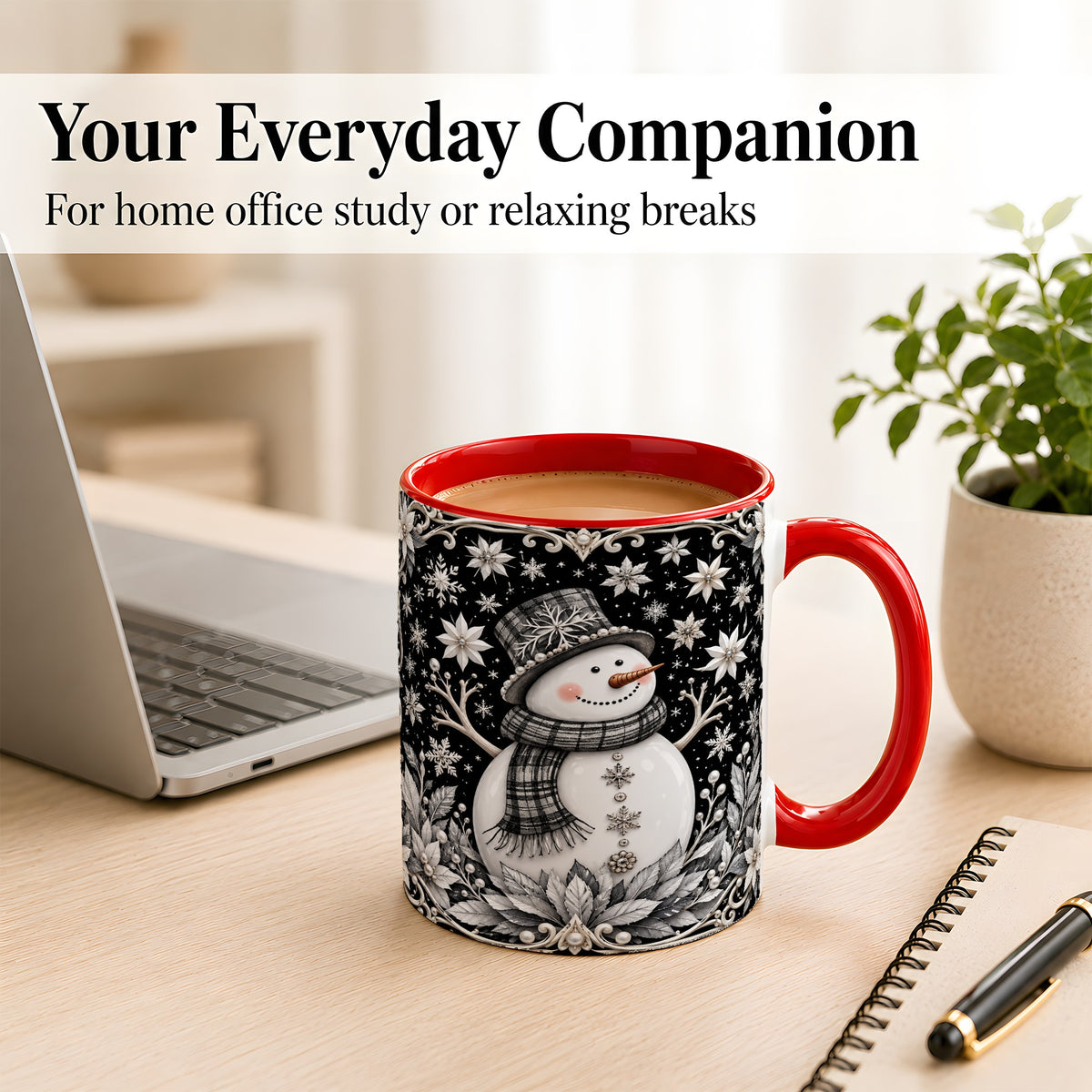 #pl[11oz|Red] Pearl Snowman Coffee Mug, Poinsettia Winter Mug, Ceramic Cup