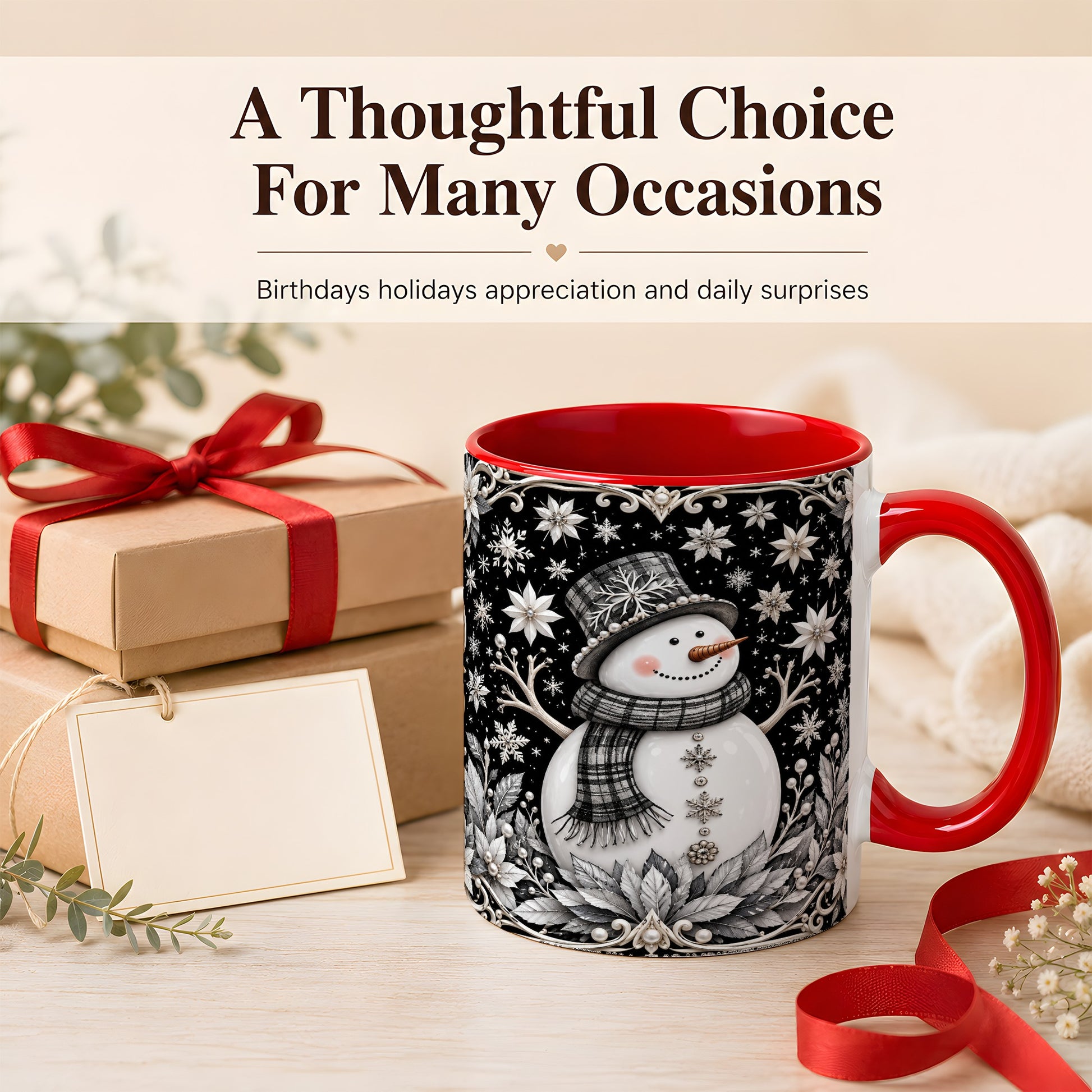 #pl[11oz|Red] Pearl Snowman Coffee Mug, Poinsettia Winter Mug, Ceramic Cup