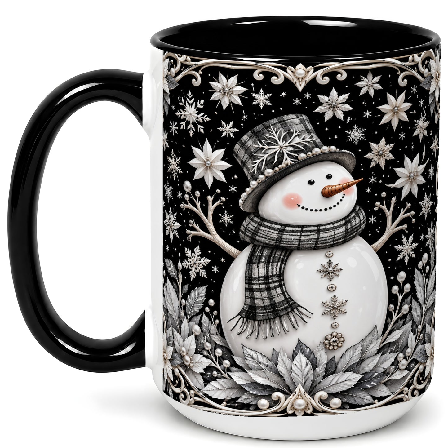 #pl[15oz|Black] Pearl Snowman Coffee Mug, Poinsettia Winter Mug, Ceramic Cup