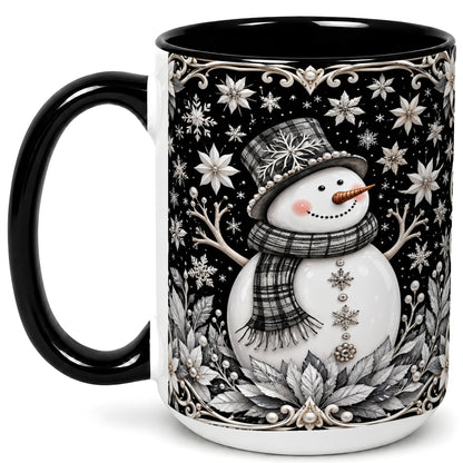 #pl[15oz|Black] Pearl Snowman Coffee Mug, Poinsettia Winter Mug, Ceramic Cup