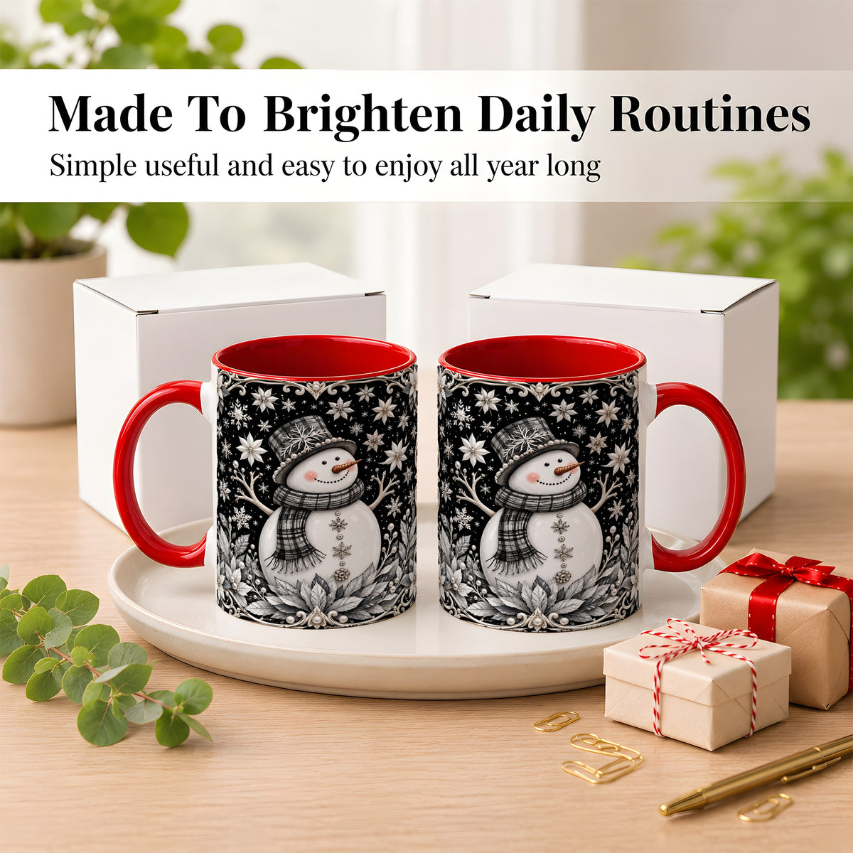 #pl[11oz|Red] Pearl Snowman Coffee Mug, Poinsettia Winter Mug, Ceramic Cup