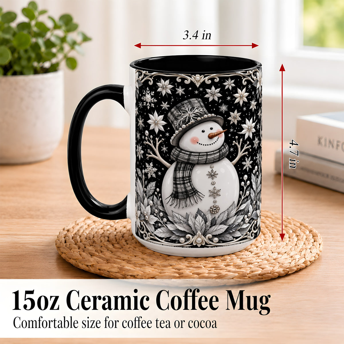 #pl[15oz|Black] Pearl Snowman Coffee Mug, Poinsettia Winter Mug, Ceramic Cup