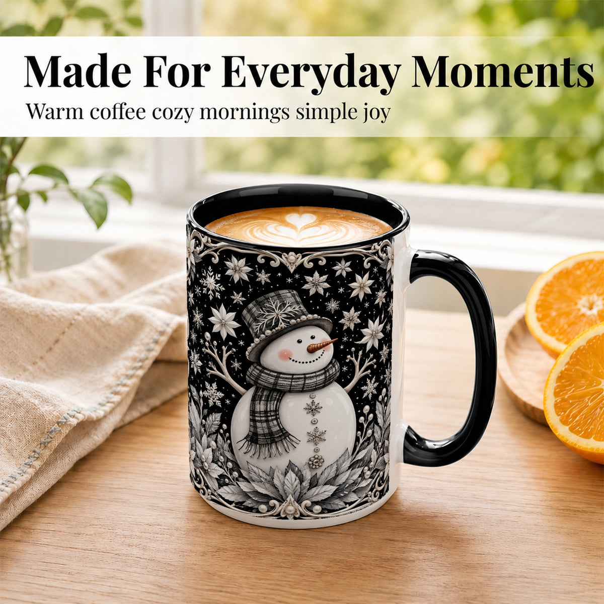 #pl[15oz|Black] Pearl Snowman Coffee Mug, Poinsettia Winter Mug, Ceramic Cup