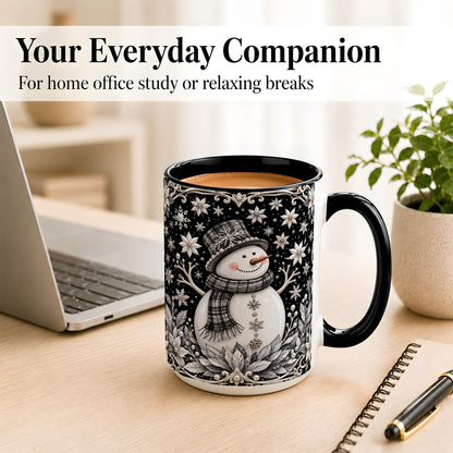 #pl[15oz|Black] Pearl Snowman Coffee Mug, Poinsettia Winter Mug, Ceramic Cup
