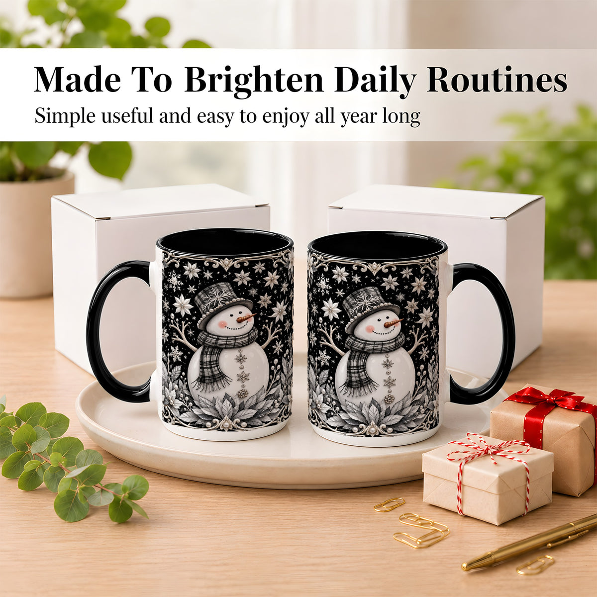 #pl[15oz|Black] Pearl Snowman Coffee Mug, Poinsettia Winter Mug, Ceramic Cup