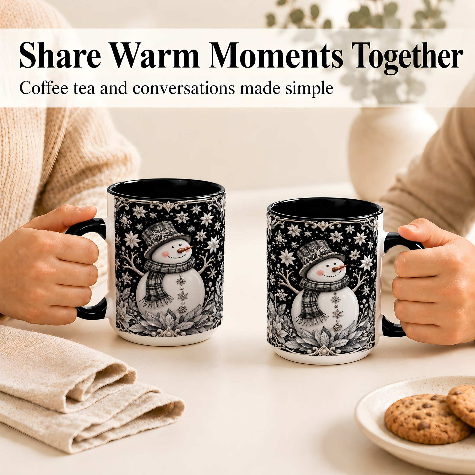 #pl[15oz|Black] Pearl Snowman Coffee Mug, Poinsettia Winter Mug, Ceramic Cup