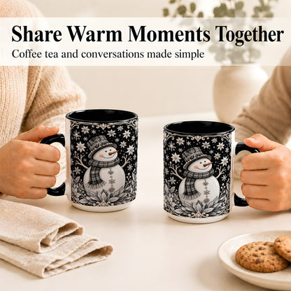 #pl[15oz|Black] Pearl Snowman Coffee Mug, Poinsettia Winter Mug, Ceramic Cup