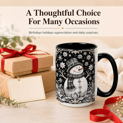 #pl[15oz|Black] Pearl Snowman Coffee Mug, Poinsettia Winter Mug, Ceramic Cup