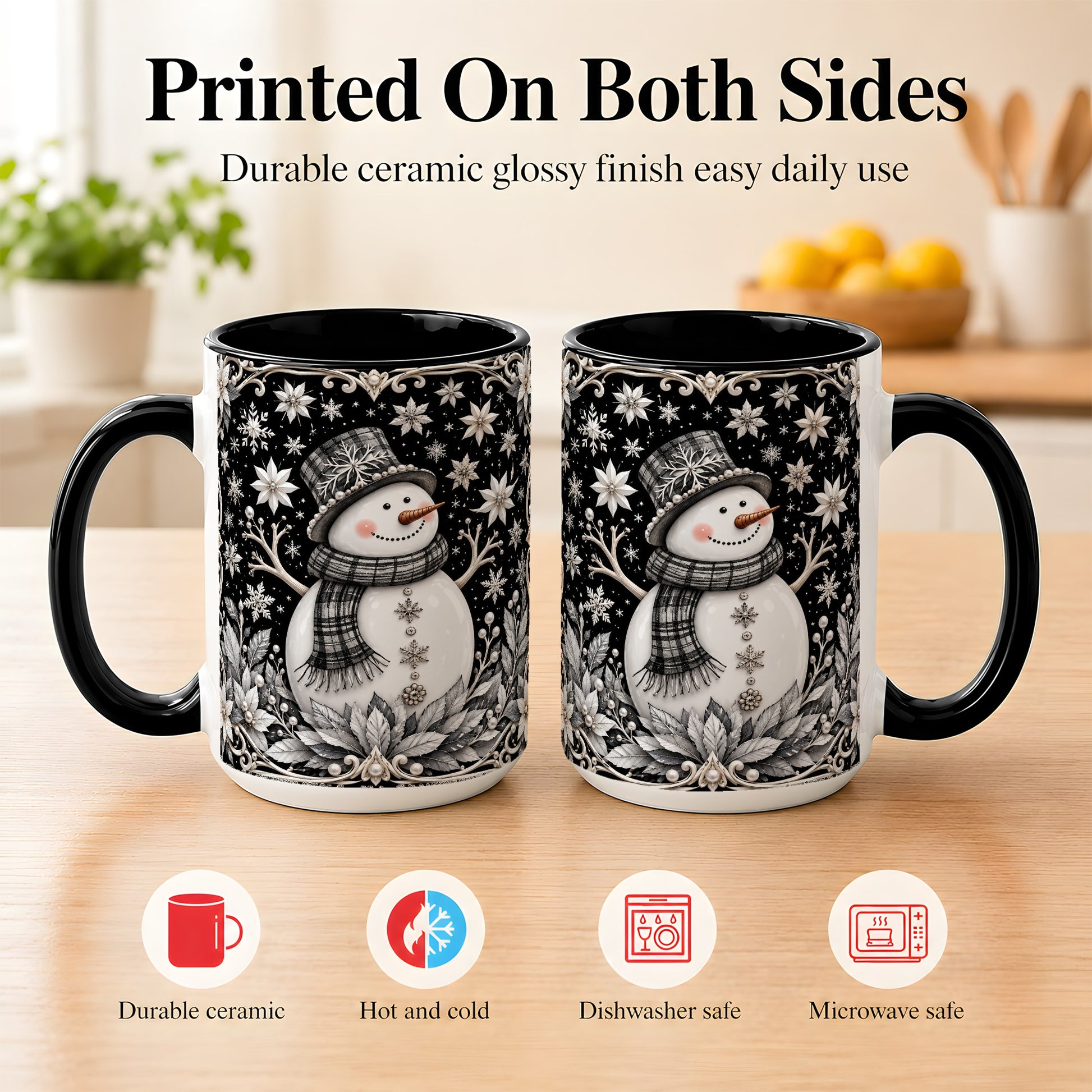 #pl[15oz|Black] Pearl Snowman Coffee Mug, Poinsettia Winter Mug, Ceramic Cup