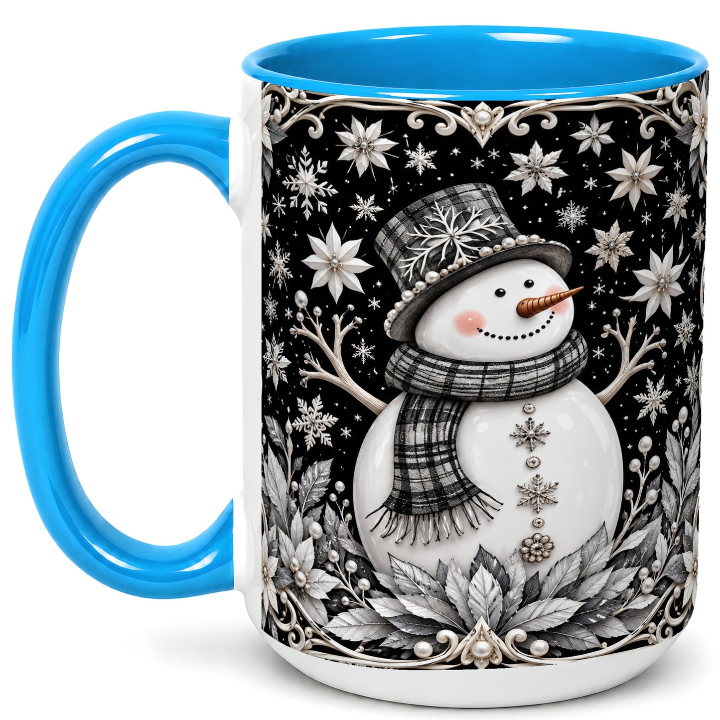 #pl[15oz|Blue] Pearl Snowman Coffee Mug, Poinsettia Winter Mug, Ceramic Cup