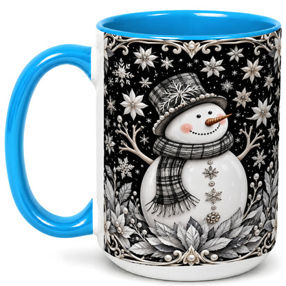 #pl[15oz|Blue] Pearl Snowman Coffee Mug, Poinsettia Winter Mug, Ceramic Cup