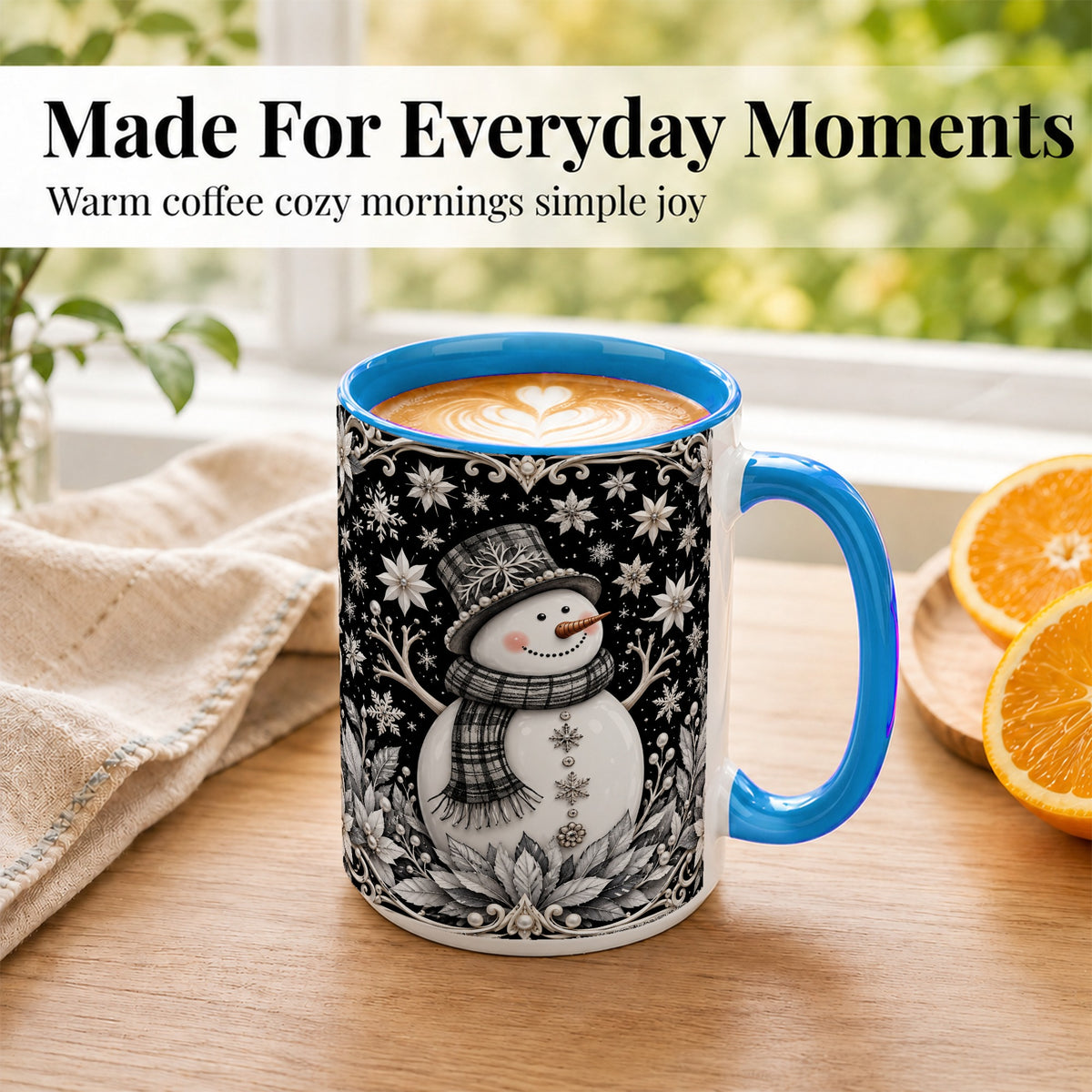 #pl[15oz|Blue] Pearl Snowman Coffee Mug, Poinsettia Winter Mug, Ceramic Cup