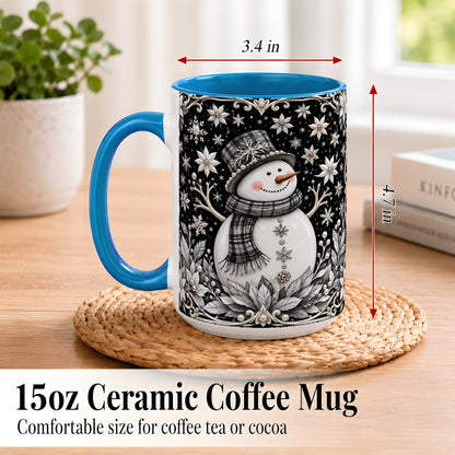 #pl[15oz|Blue] Pearl Snowman Coffee Mug, Poinsettia Winter Mug, Ceramic Cup