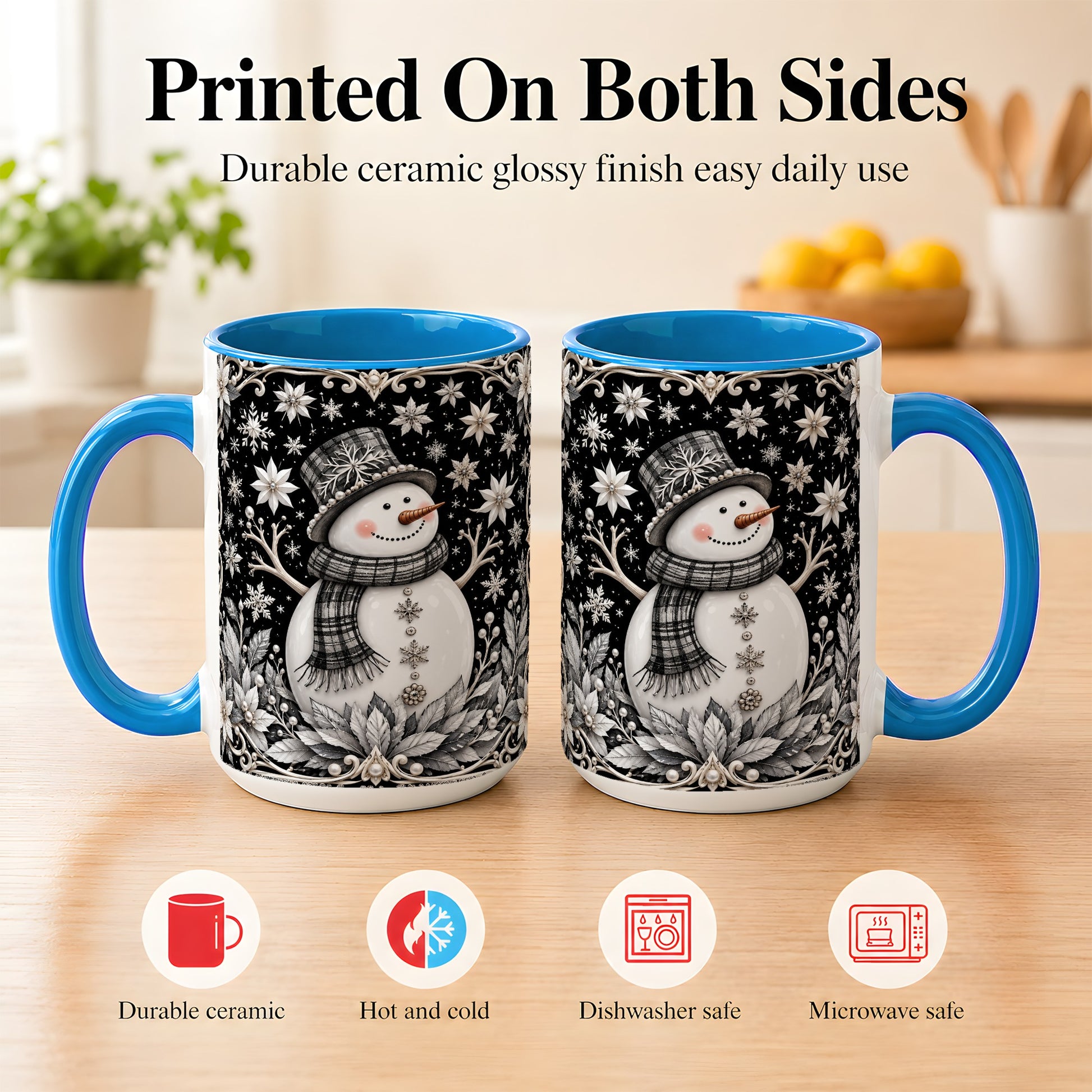 #pl[15oz|Blue] Pearl Snowman Coffee Mug, Poinsettia Winter Mug, Ceramic Cup