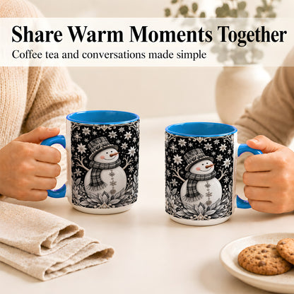 #pl[15oz|Blue] Pearl Snowman Coffee Mug, Poinsettia Winter Mug, Ceramic Cup
