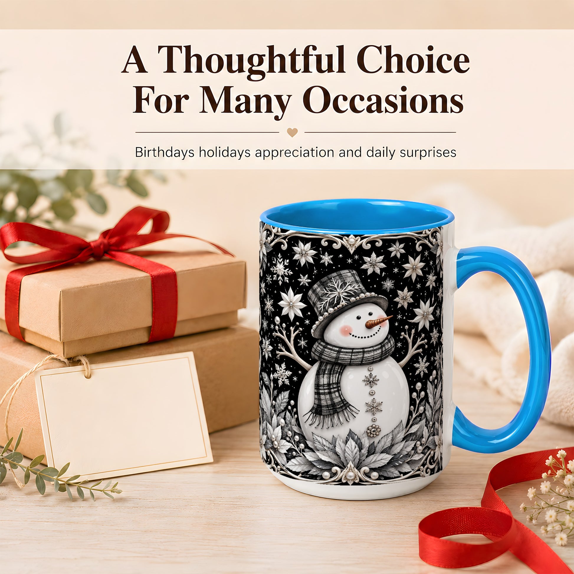 #pl[15oz|Blue] Pearl Snowman Coffee Mug, Poinsettia Winter Mug, Ceramic Cup