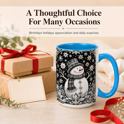 #pl[15oz|Blue] Pearl Snowman Coffee Mug, Poinsettia Winter Mug, Ceramic Cup