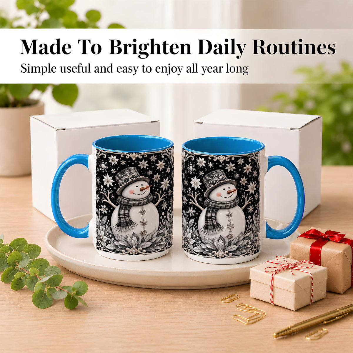 #pl[15oz|Blue] Pearl Snowman Coffee Mug, Poinsettia Winter Mug, Ceramic Cup