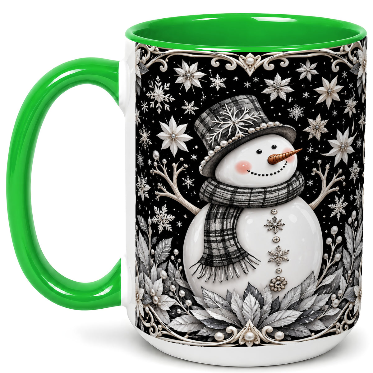 #pl[15oz|Green] Pearl Snowman Coffee Mug, Poinsettia Winter Mug, Ceramic Cup