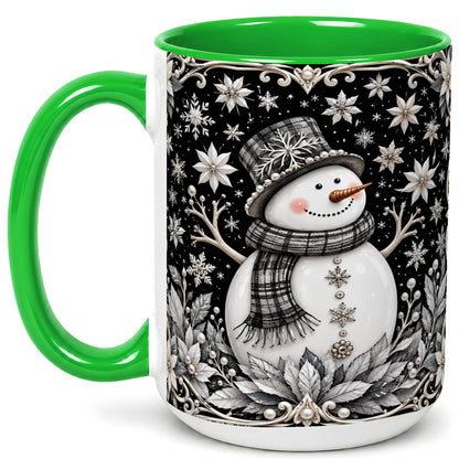#pl[15oz|Green] Pearl Snowman Coffee Mug, Poinsettia Winter Mug, Ceramic Cup
