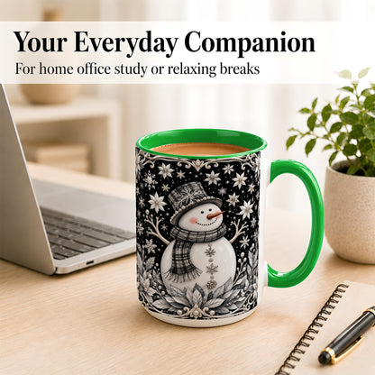 #pl[15oz|Green] Pearl Snowman Coffee Mug, Poinsettia Winter Mug, Ceramic Cup