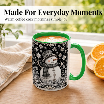 #pl[15oz|Green] Pearl Snowman Coffee Mug, Poinsettia Winter Mug, Ceramic Cup