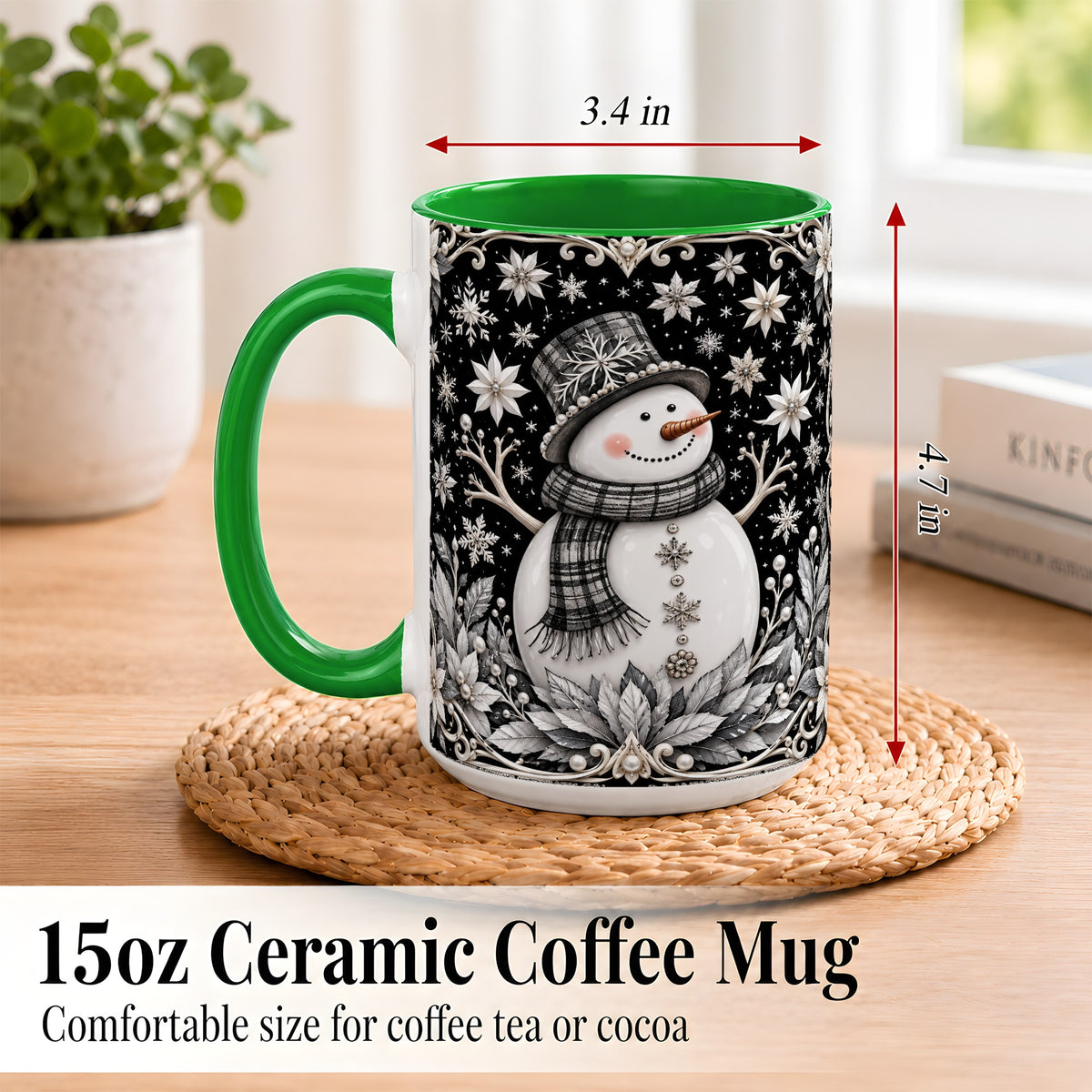 #pl[15oz|Green] Pearl Snowman Coffee Mug, Poinsettia Winter Mug, Ceramic Cup