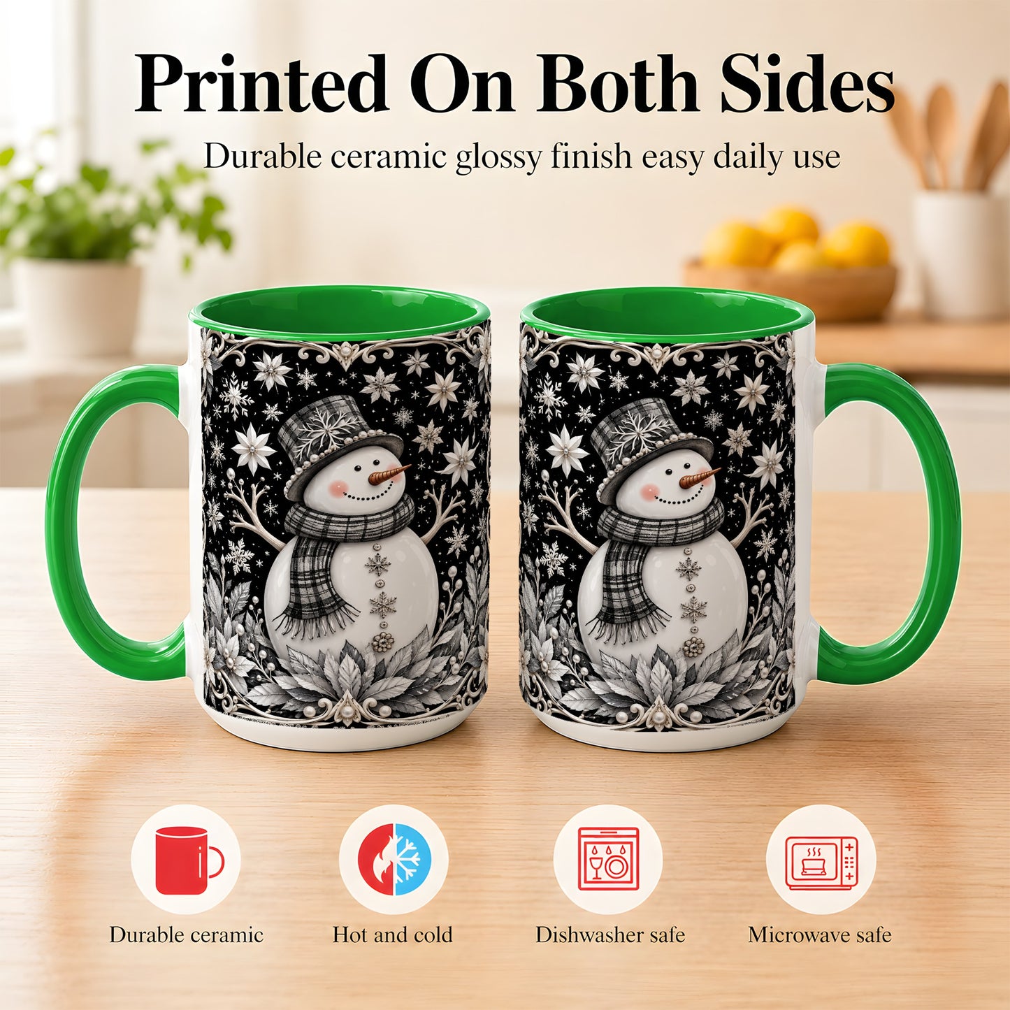 #pl[15oz|Green] Pearl Snowman Coffee Mug, Poinsettia Winter Mug, Ceramic Cup