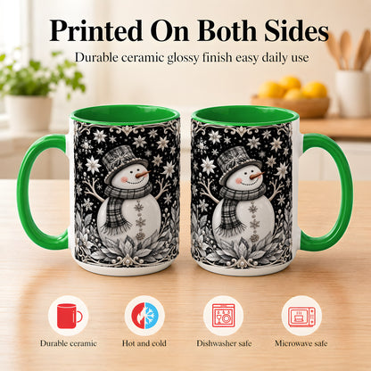 #pl[15oz|Green] Pearl Snowman Coffee Mug, Poinsettia Winter Mug, Ceramic Cup