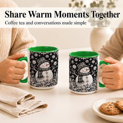 #pl[15oz|Green] Pearl Snowman Coffee Mug, Poinsettia Winter Mug, Ceramic Cup