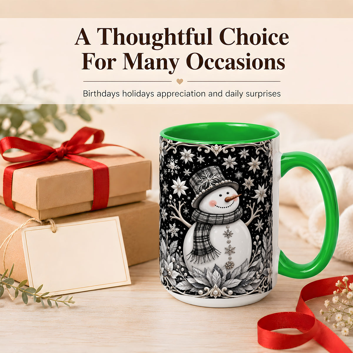 #pl[15oz|Green] Pearl Snowman Coffee Mug, Poinsettia Winter Mug, Ceramic Cup